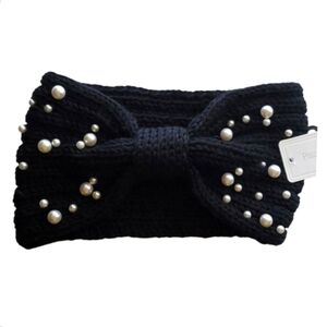 Bow Shaped Winter Knit Headband with Faux Pearls